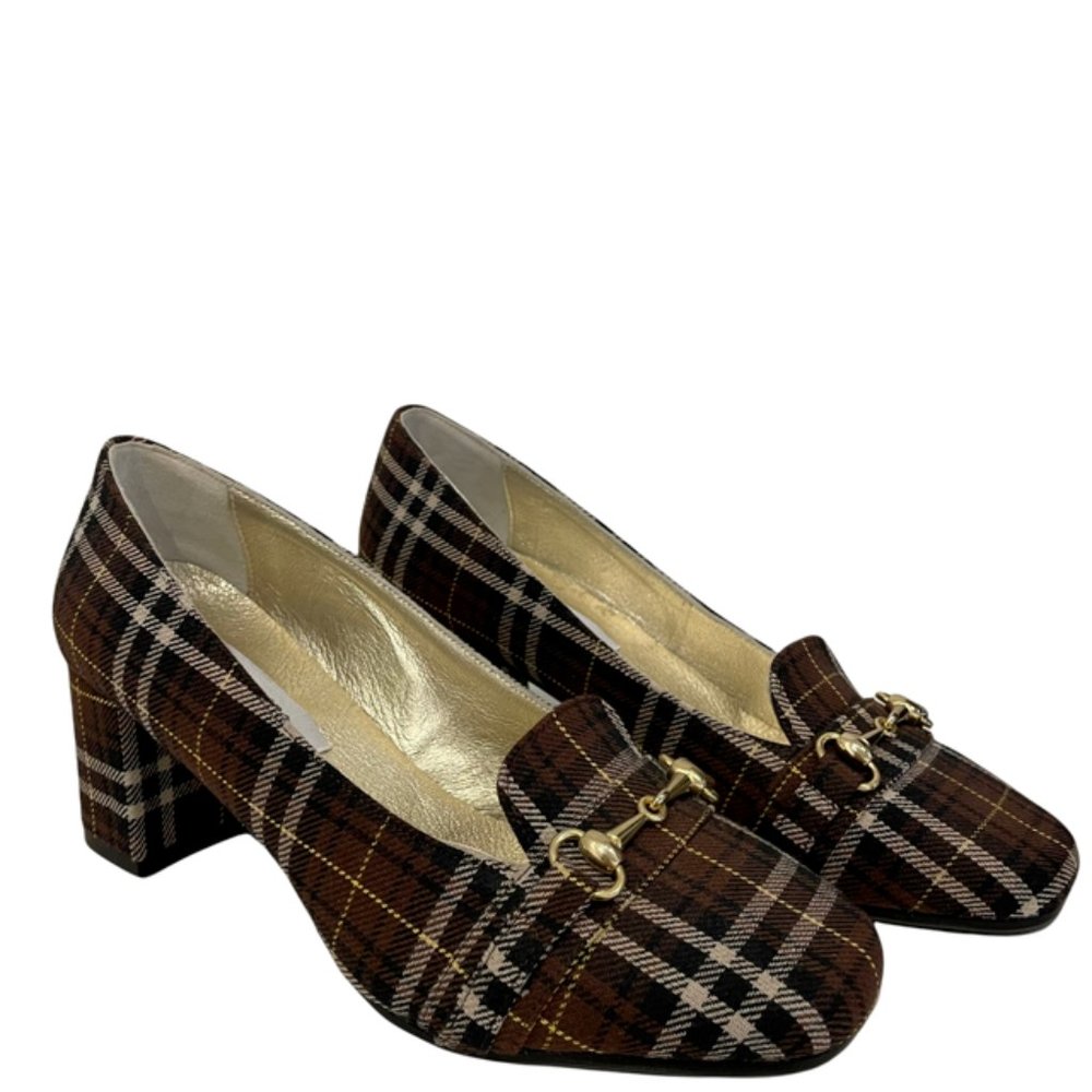 Andrea Carrano Plaid Fabric Black Brown Pumps NWB
